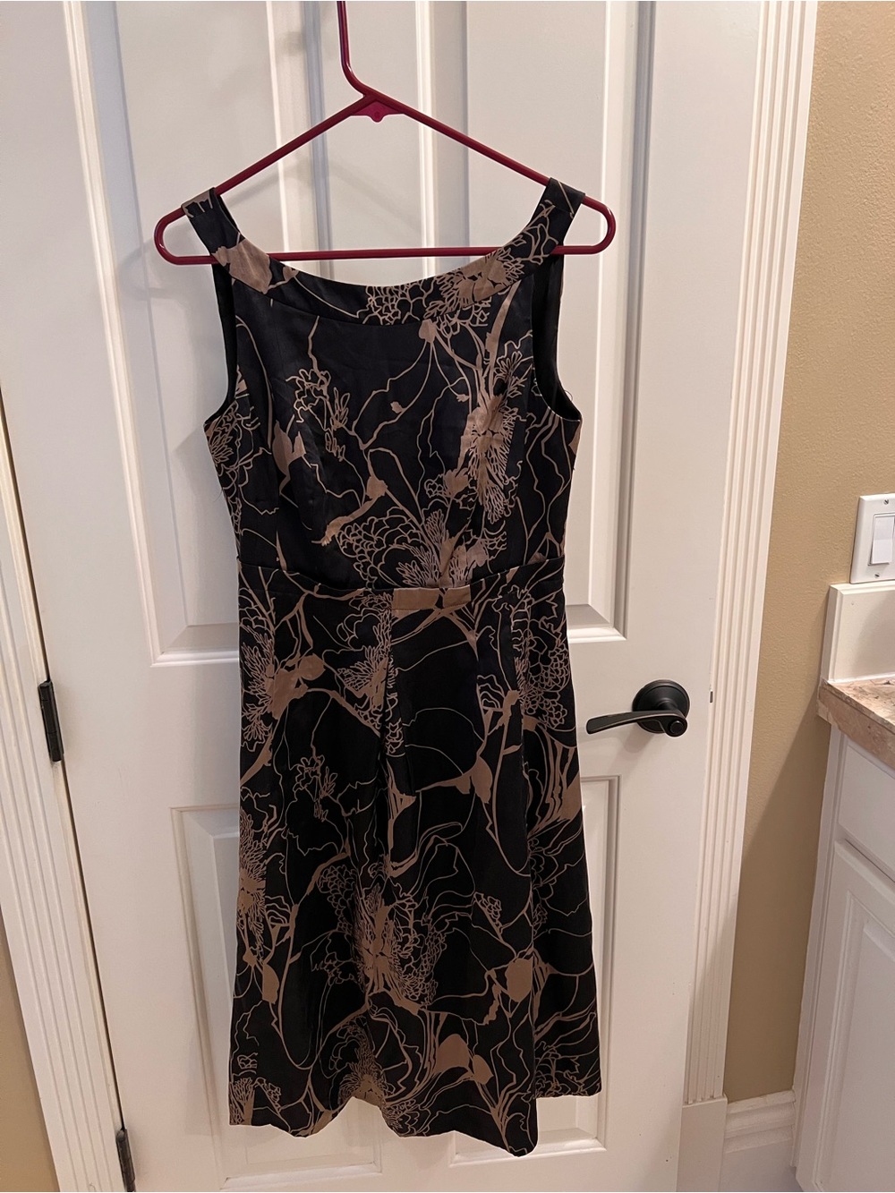 Monsoon Black Midi Silk Dress with Taupe Floral Design
